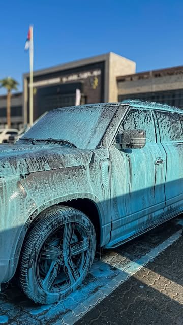 Pickup truck covered in blue coloured foam