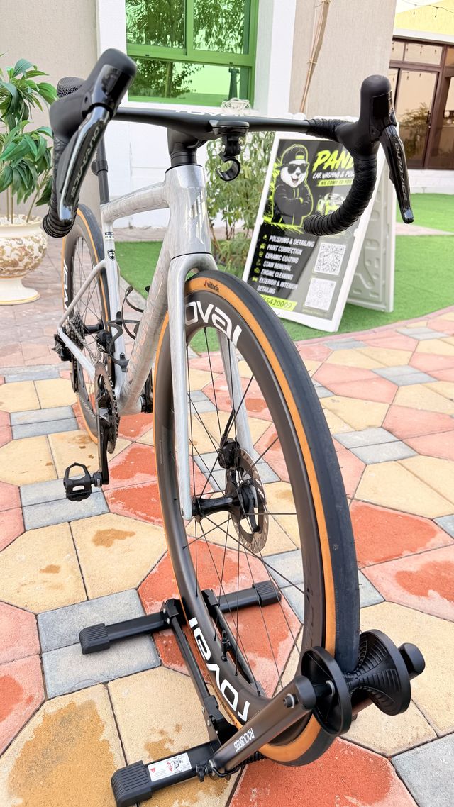 Road bike on a stand after a Panda wash