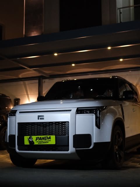 White SUV with a Panda Car Wash plate under a carport
